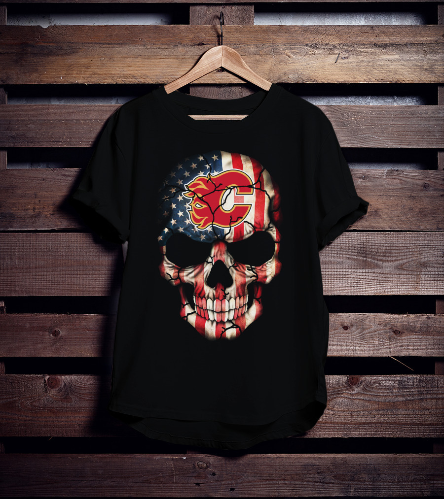Calgary Flames Skull With American Flag T-Shirt
