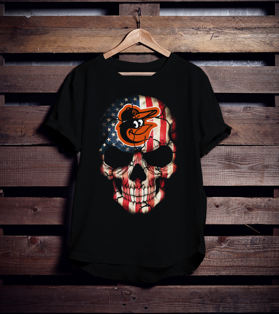 Baltimore Orioles American Flag Skull T-Shirt