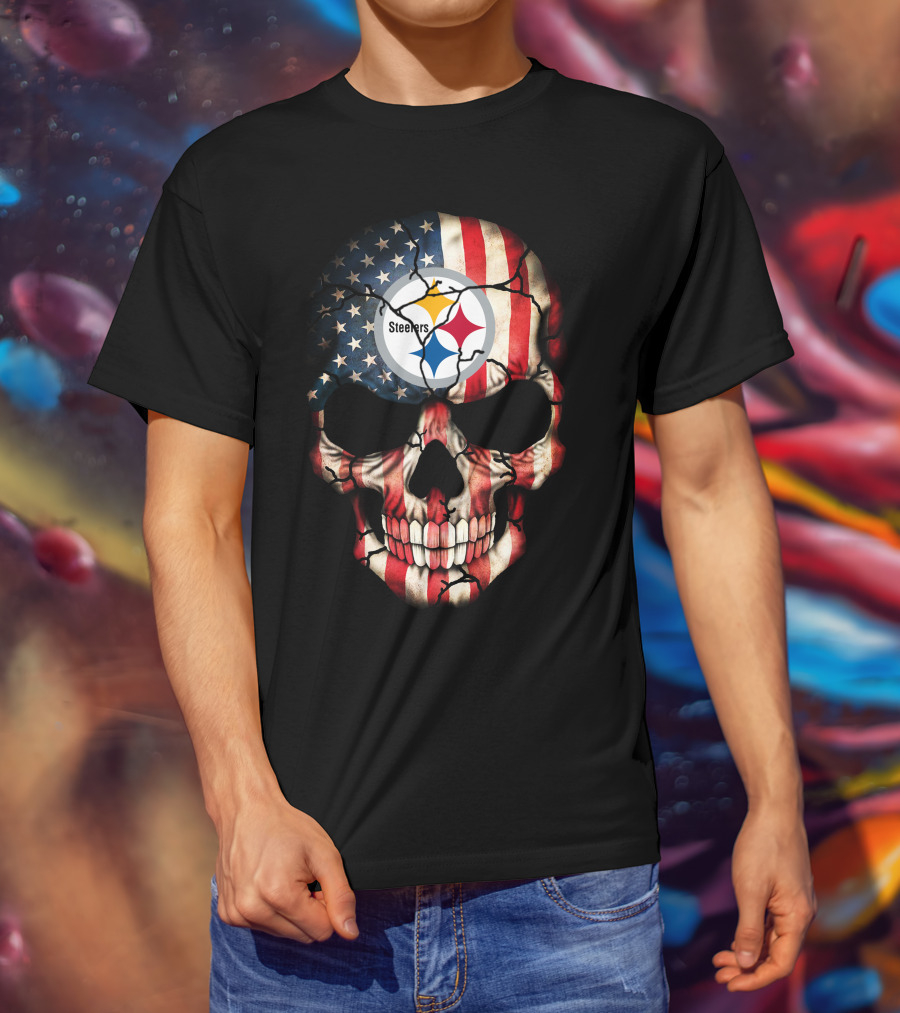 Pittsburgh Steelers American Flag Skull T-Shirt