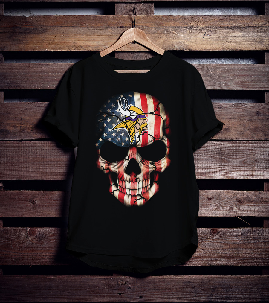 Skull With American Flag And Minnesota Vikings T-Shirt