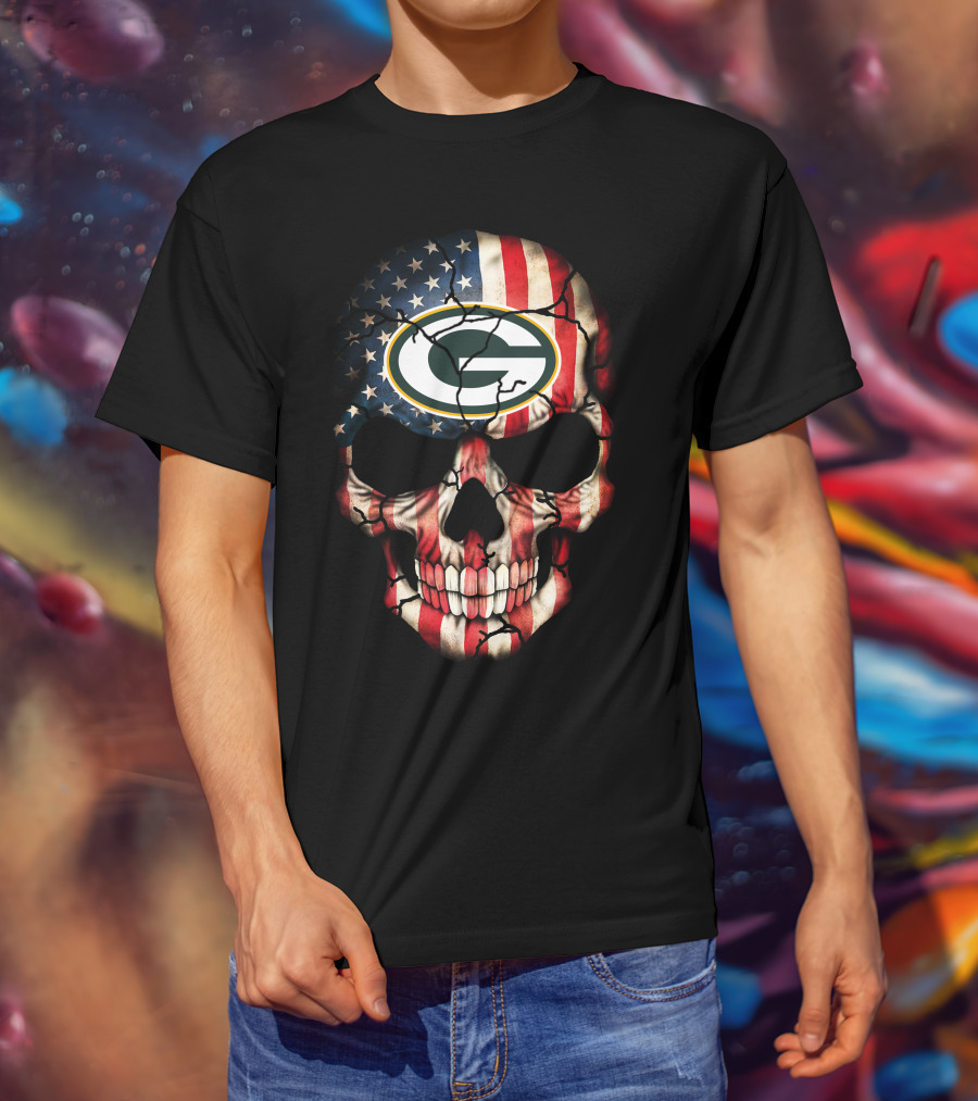 Green Bay Packers American Flag Skull T-Shirt