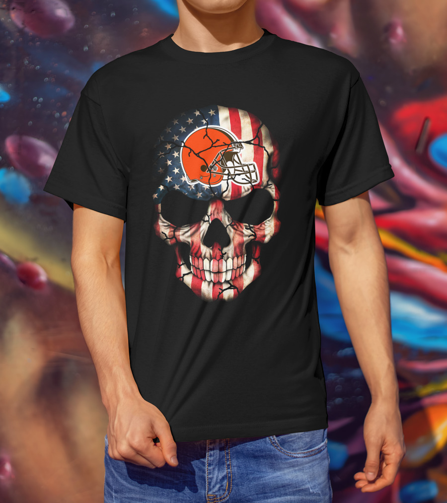Cleveland Browns Skull American Flag Helmet Stars Stripes T-Shirt