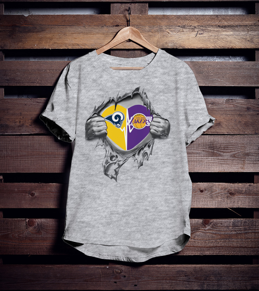 Lakers Rams Heart Logo Design With Emerging Hands T-Shirt