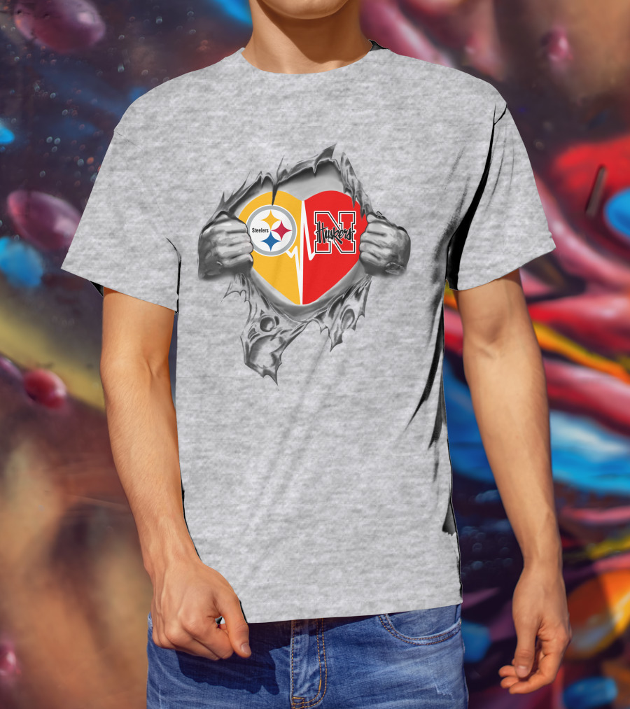 Steelers Cornhuskers Heart Dual Team Loyalty T-Shirt