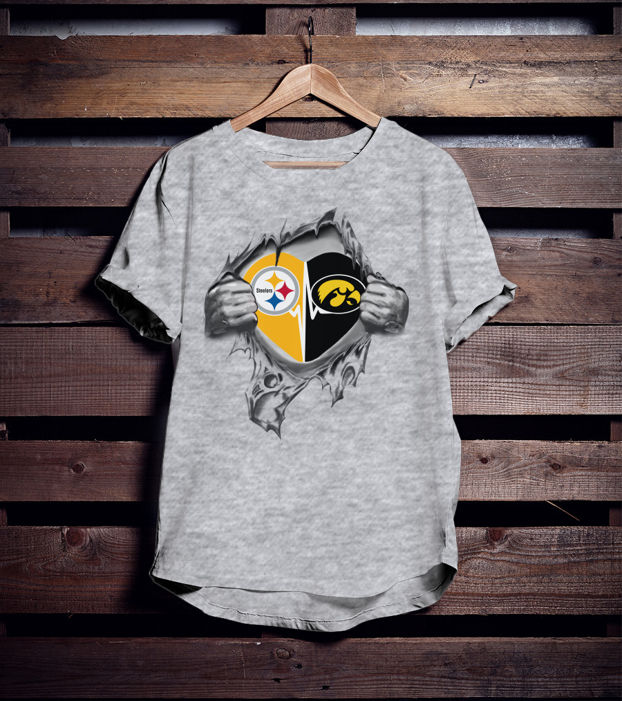 Steelers Iowa Hawkeyes Heart Design With Torn Fabric Effect T-Shirt