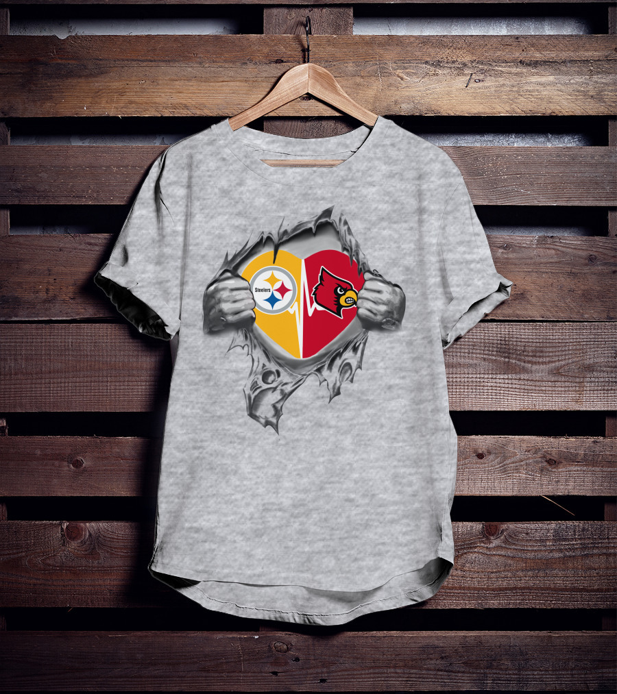 Steelers And Louisville Cardinals Heart With Torn Metal Effect T-Shirt