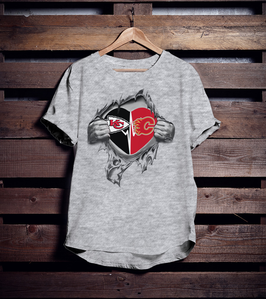 Chiefs Calgary Flames Heart Split Design Torn Effect T-Shirt