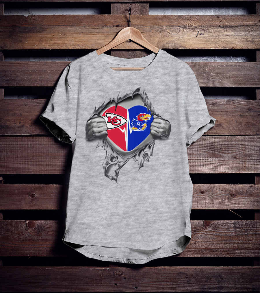 Chiefs And Kansas Jayhawks Heart Emblem Featuring Iconic Logos T-Shirt