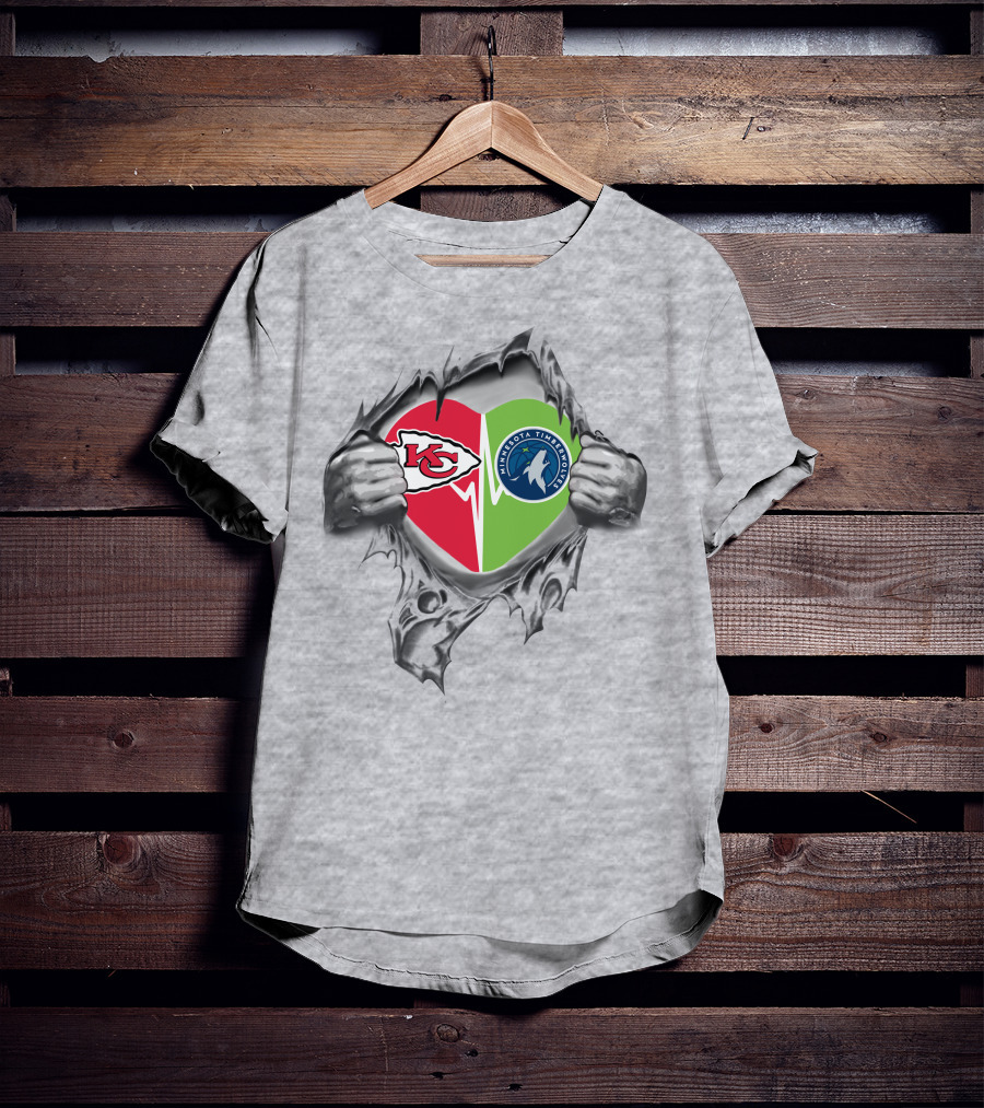Chiefs Minnesota Timberwolves Heart Design With Logos And Hand Ripping Effect T-Shirt