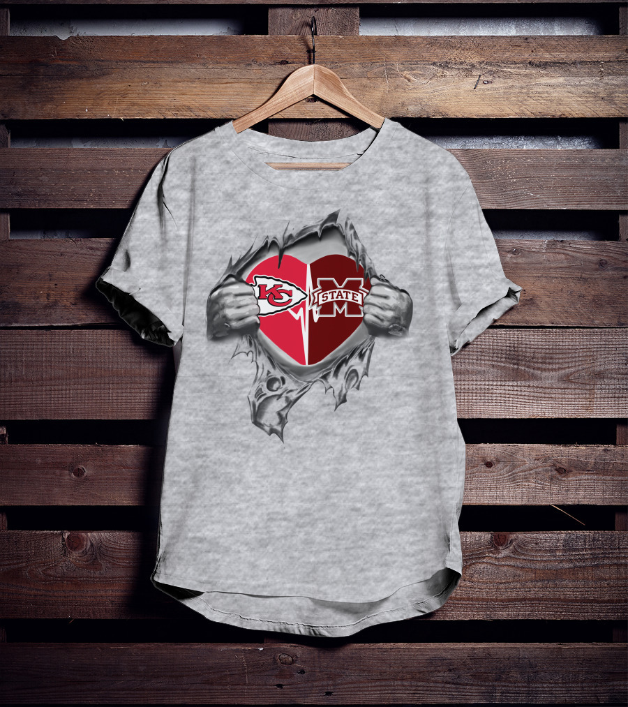 Chiefs Mississippi State Bulldogs Heart Design Featuring Logos And Emotional Connection T-Shirt