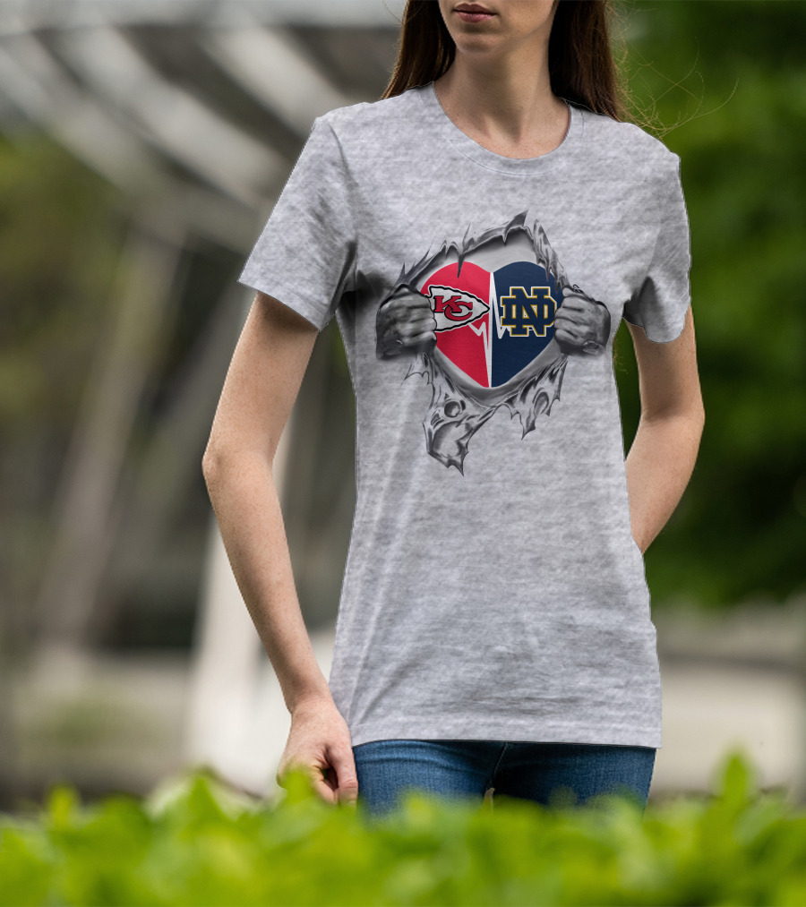Chiefs And Notre Dame Fighting Irish Heart Design With Iconic Logos On Torn Fabric T-Shirt