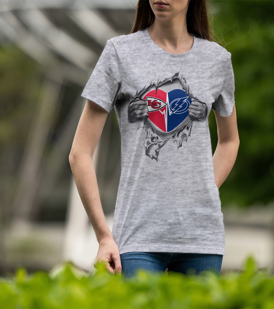 Chiefs Tampa Bay Lightning Heart Logo Split Jersey Fan Pride T-Shirt