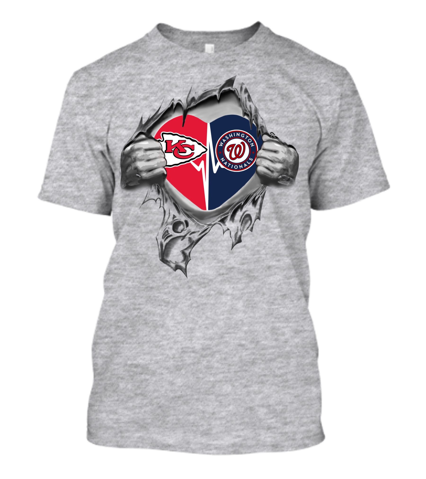 Chiefs Washington Nationals Heart Emblem With Torn Metal Effect Featuring Team Logos T-Shirt