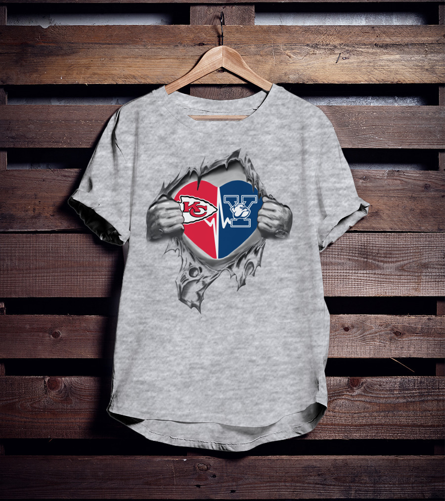 Chiefs Yale Bulldogs It's In My Heart Kansas City Football Y Logo Heart Torn Metal T-Shirt