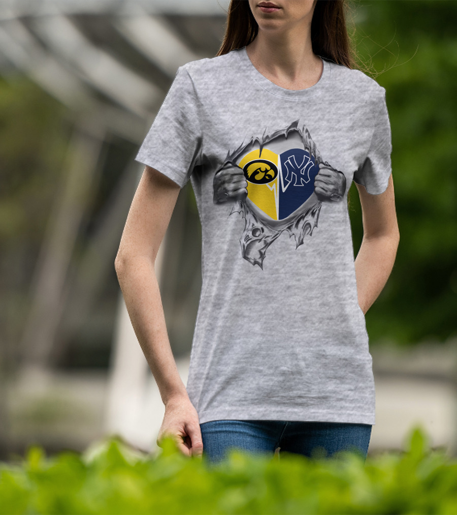 Yankees Hawkeyes Heart Design Featuring Iowa And New York Logos T-Shirt