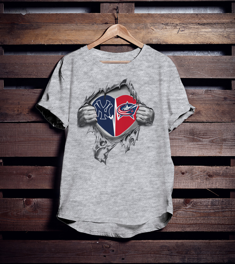Yankees Columbus Blue Jackets Heart Logo Split With Torn Hands T-Shirt
