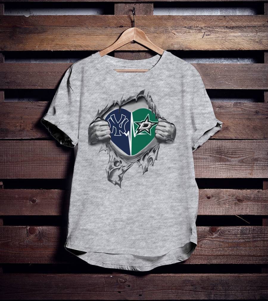 Yankees Dallas Stars Heart Split With Baseball And Hockey Logos T-Shirt