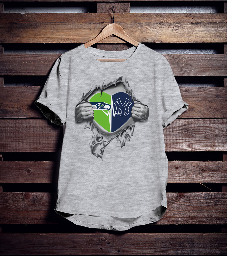 Yankees Seattle Seahawks Heart Passion Dual Allegiance T-Shirt