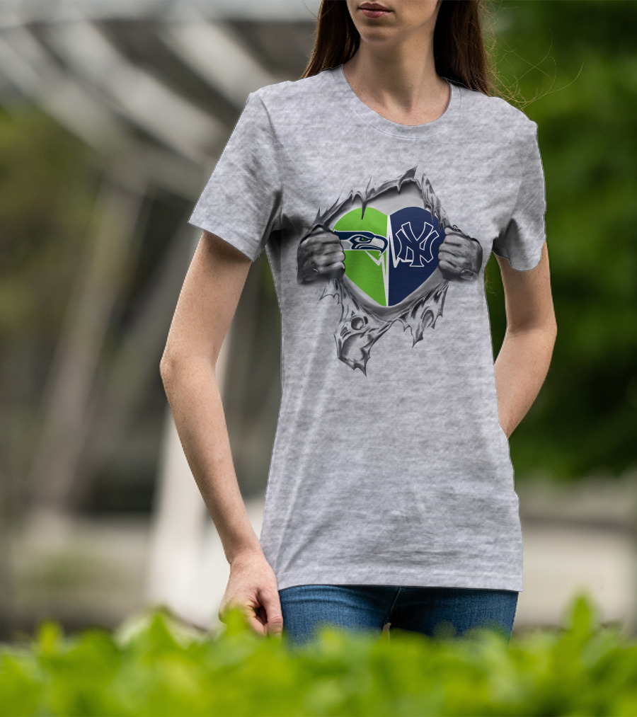 Yankees Seattle Seahawks Heart Passion Dual Allegiance T-Shirt
