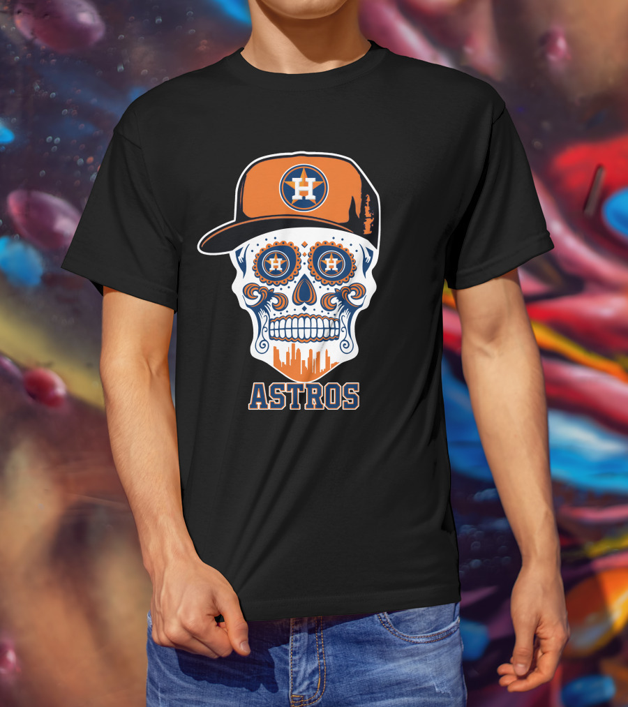 Astros Skull With Cap And Houston Skyline Motif T-Shirt