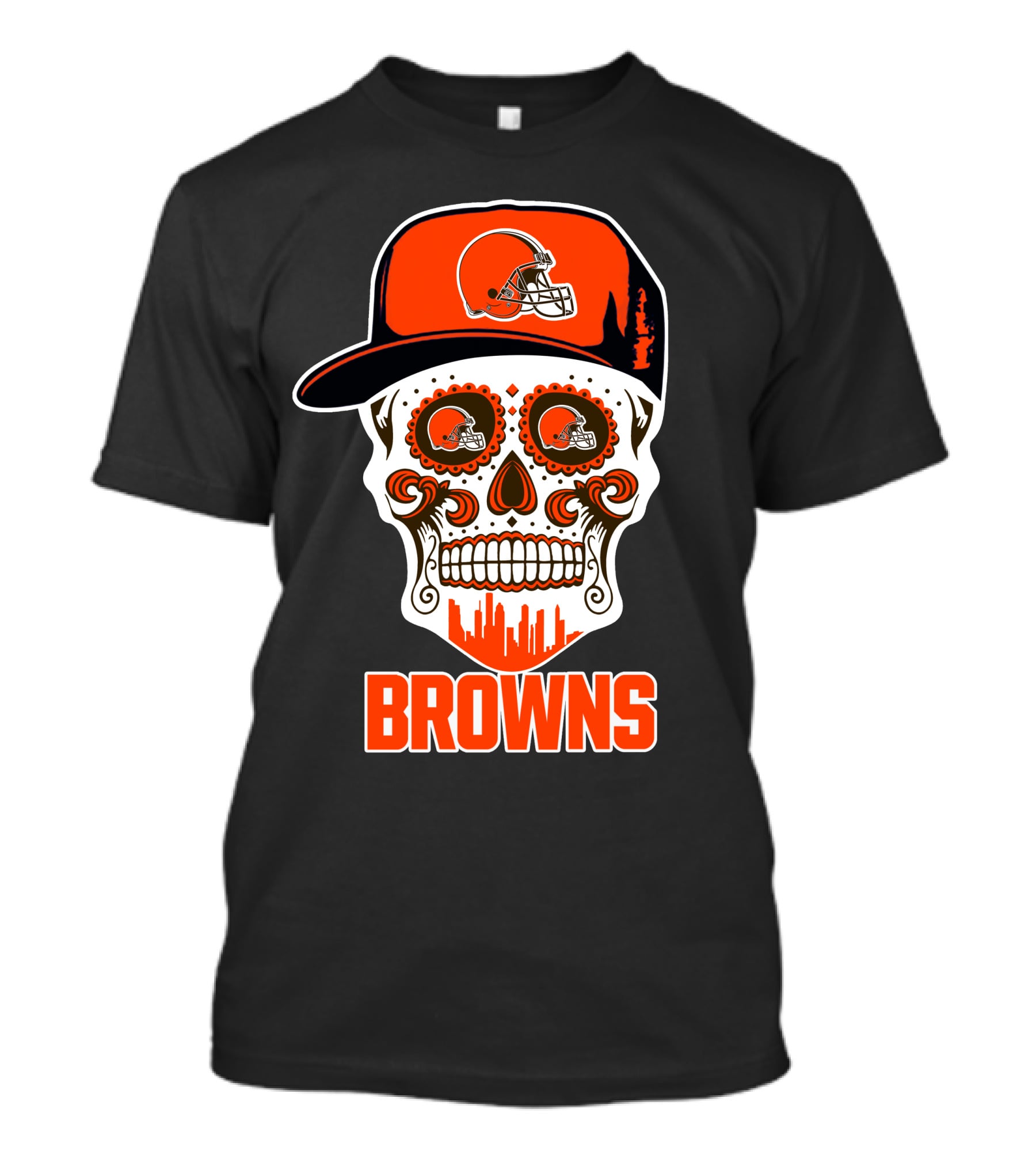 Cleveland Browns Skull With Helmet And City Skyline T-Shirt