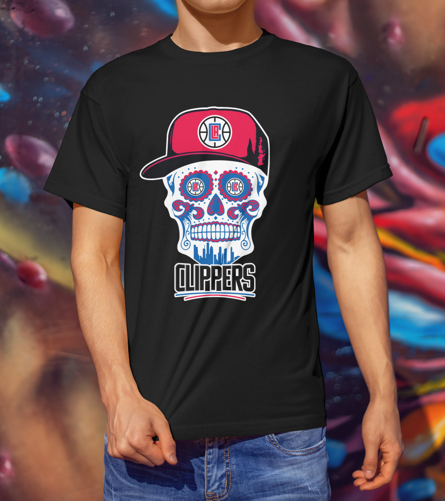 La Clippers Skull Cap Basketball Skyline T-Shirt