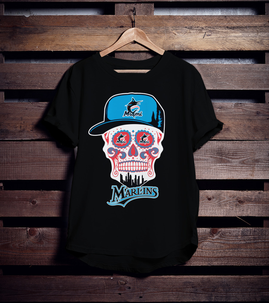 Miami Marlins Skull With Cap And Cityscape Motif T-Shirt