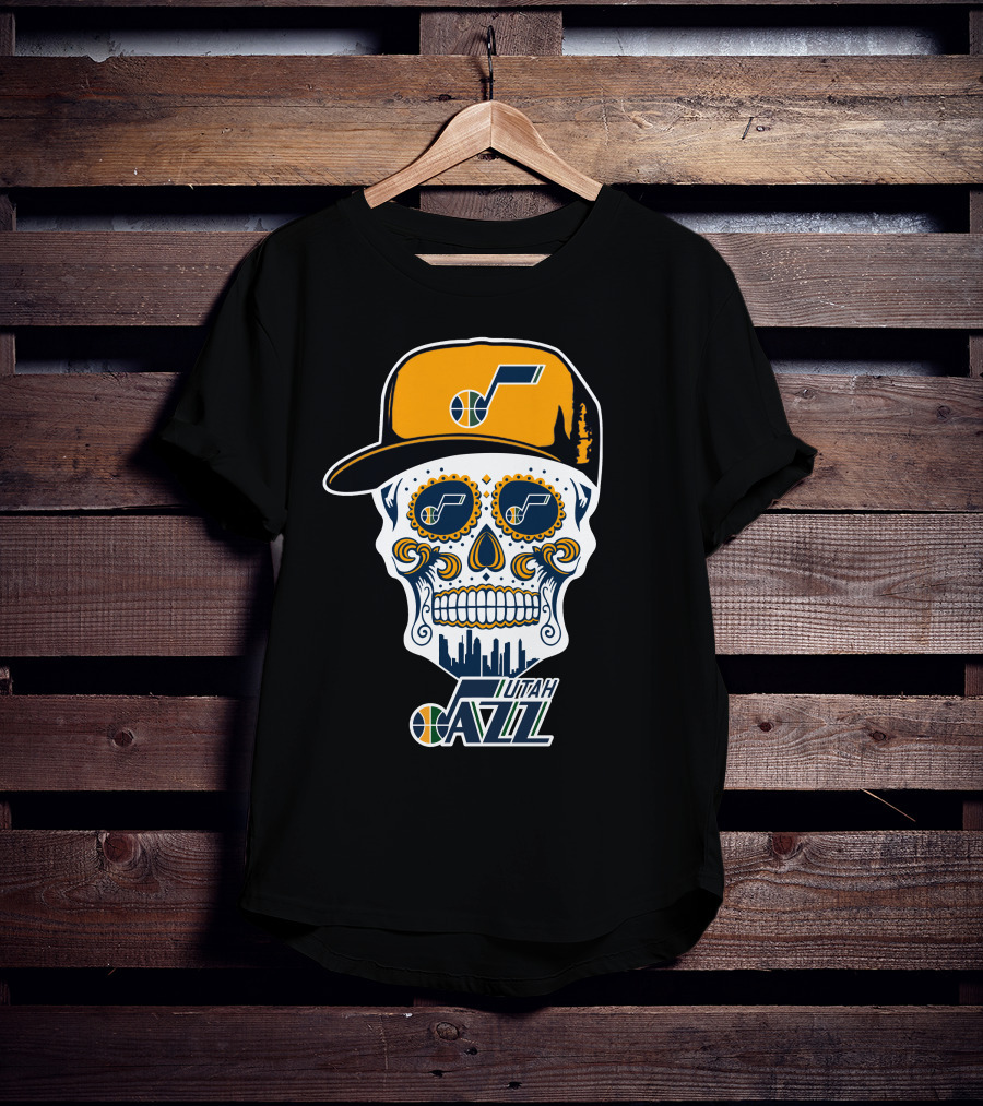 Utah Jazz Skull With City Skyline And Jazz Logo Cap T-Shirt