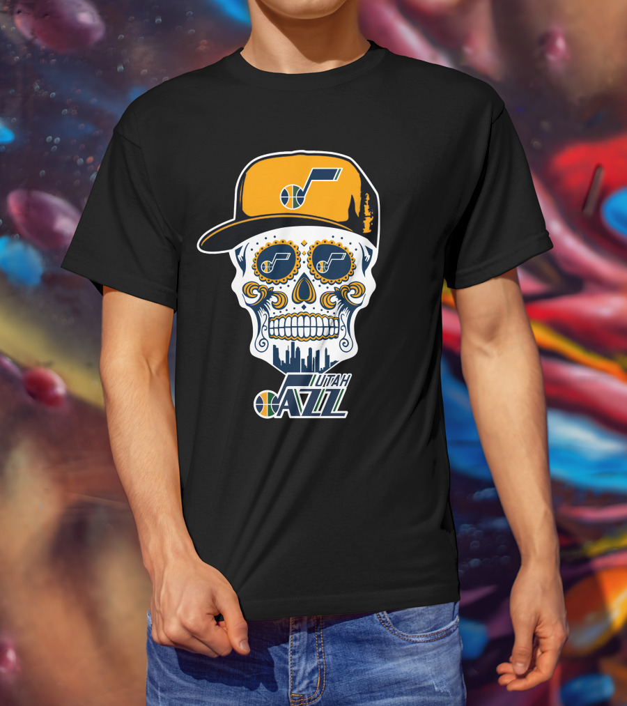 Utah Jazz Skull With City Skyline And Jazz Logo Cap T-Shirt