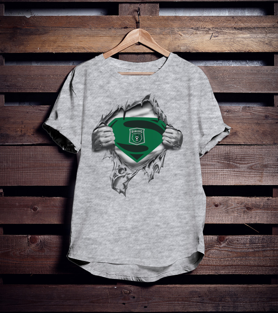 Rangers Superman Logo With Bear Emblem Design Peeking Through Torn Fabric T-Shirt