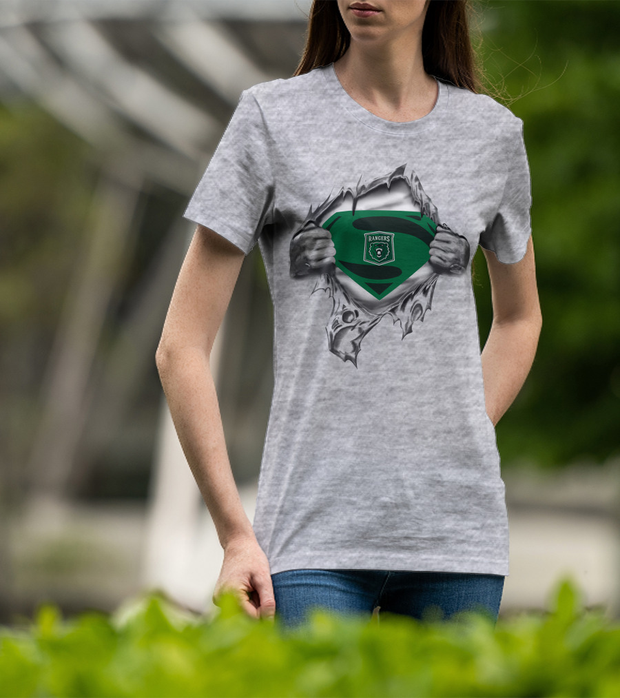 Rangers Superman Logo With Bear Emblem Design Peeking Through Torn Fabric T-Shirt