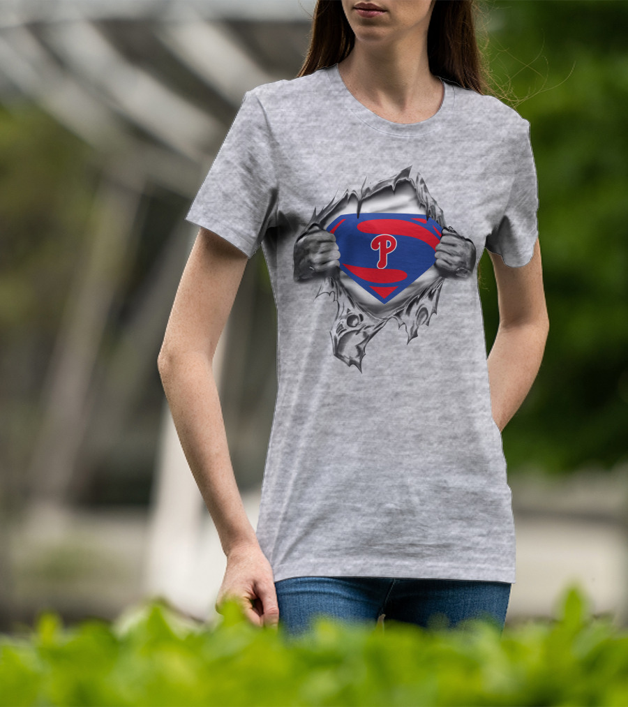 Phillies Superman Logo Tear Gray T-Shirt