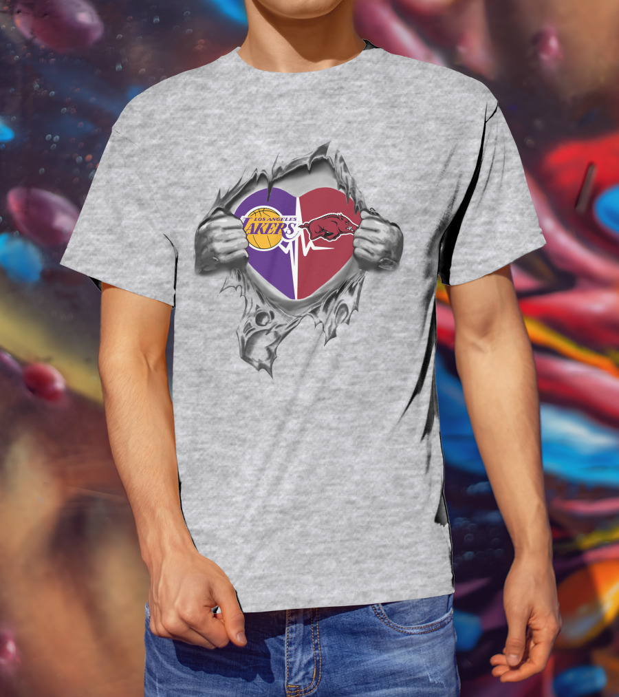 Los Angeles Lakers Arkansas Razorbacks Heartbeat Passion Fusion T-Shirt
