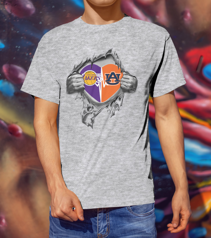 Los Angeles Lakers Auburn Tigers Heart Split Loyalty T-Shirt