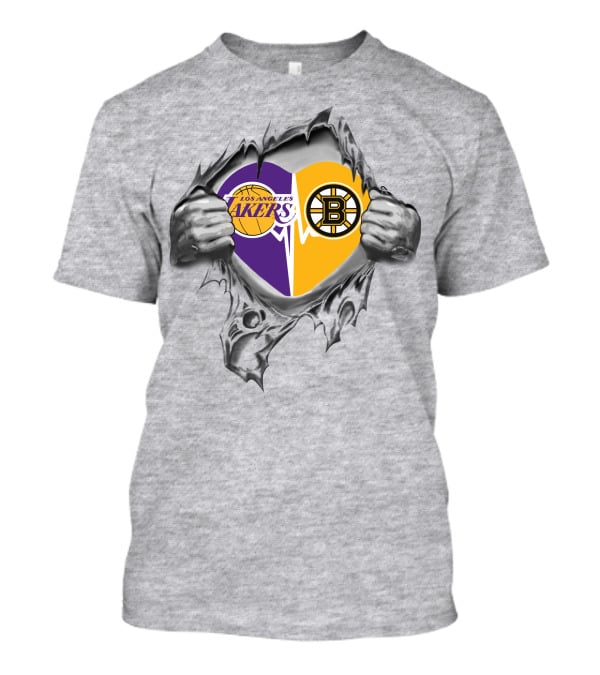 Lakers Boston Bruins Heart With Logos And Torn Ripping Effect T-Shirt