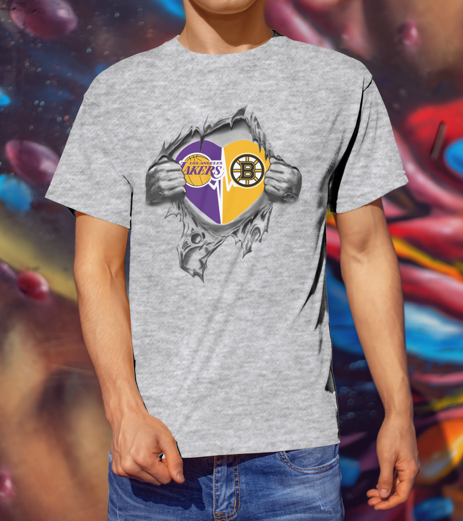 Lakers Boston Bruins Heart With Logos And Torn Ripping Effect T-Shirt