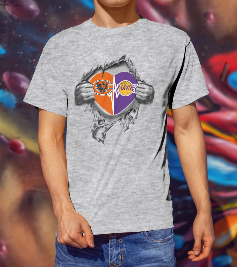 Chicago Bears Los Angeles Lakers Heart Symbol With Tearing Hands T-Shirt