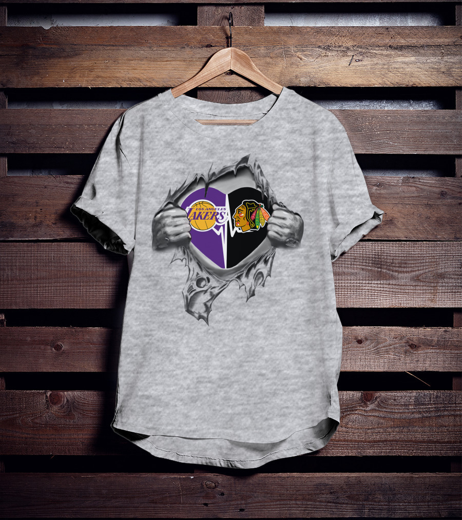 Los Angeles Lakers Chicago Blackhawks Heart Logo Fusion T-Shirt