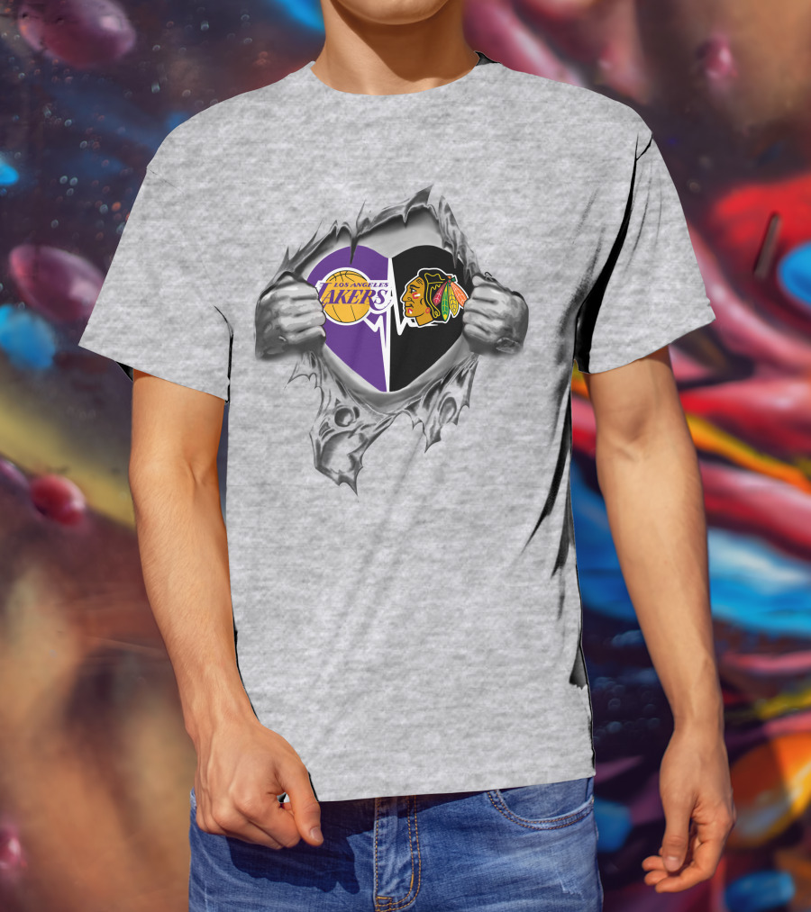 Los Angeles Lakers Chicago Blackhawks Heart Logo Fusion T-Shirt