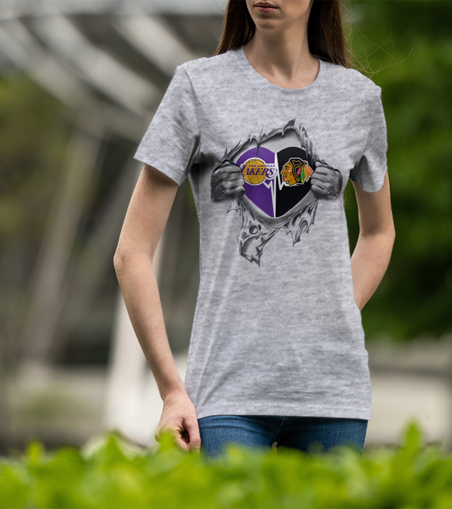Los Angeles Lakers Chicago Blackhawks Heart Logo Fusion T-Shirt