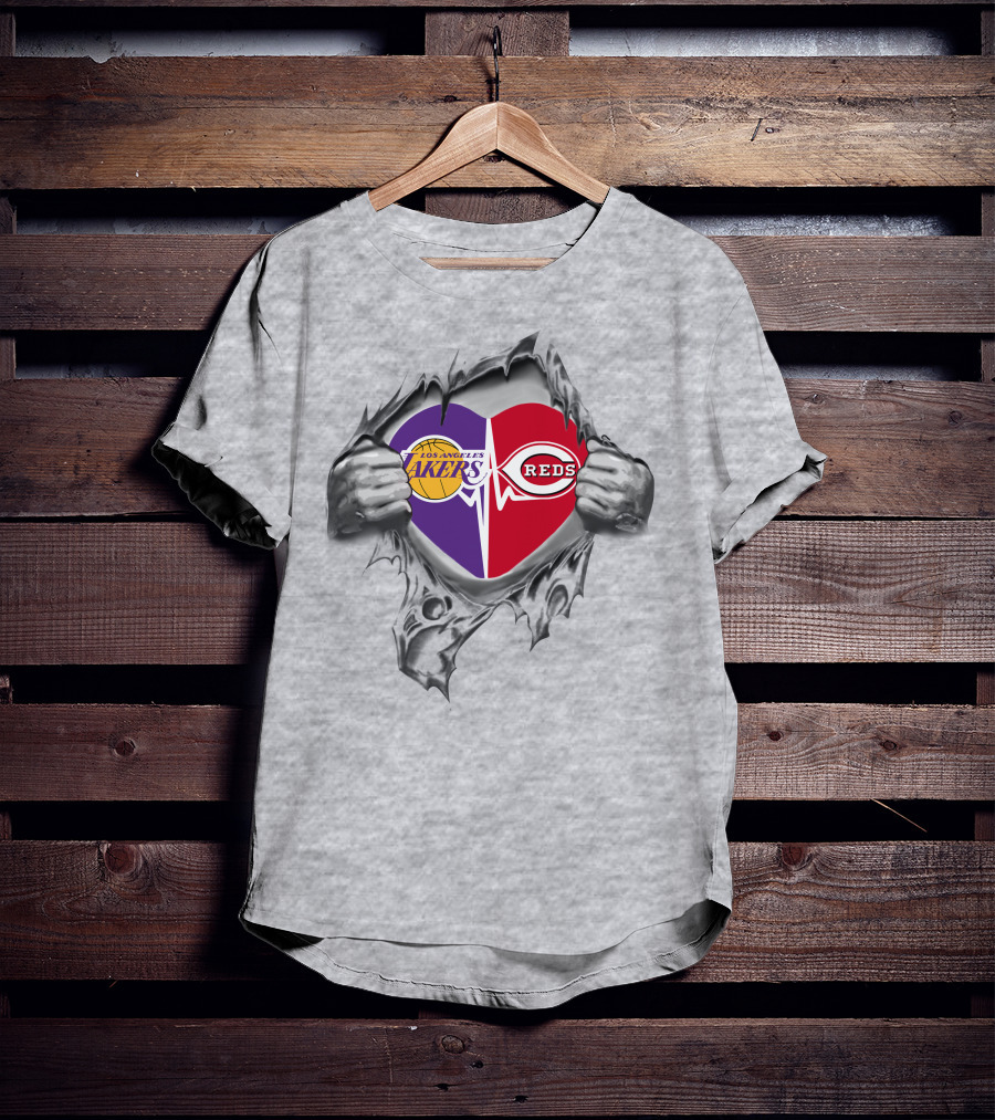 Los Angeles Lakers Cincinnati Reds Heart Split Fan Passion T-Shirt