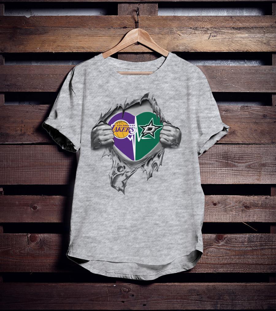 Los Angeles Lakers Dallas Stars Heart Symbol With Torn Hands T-Shirt