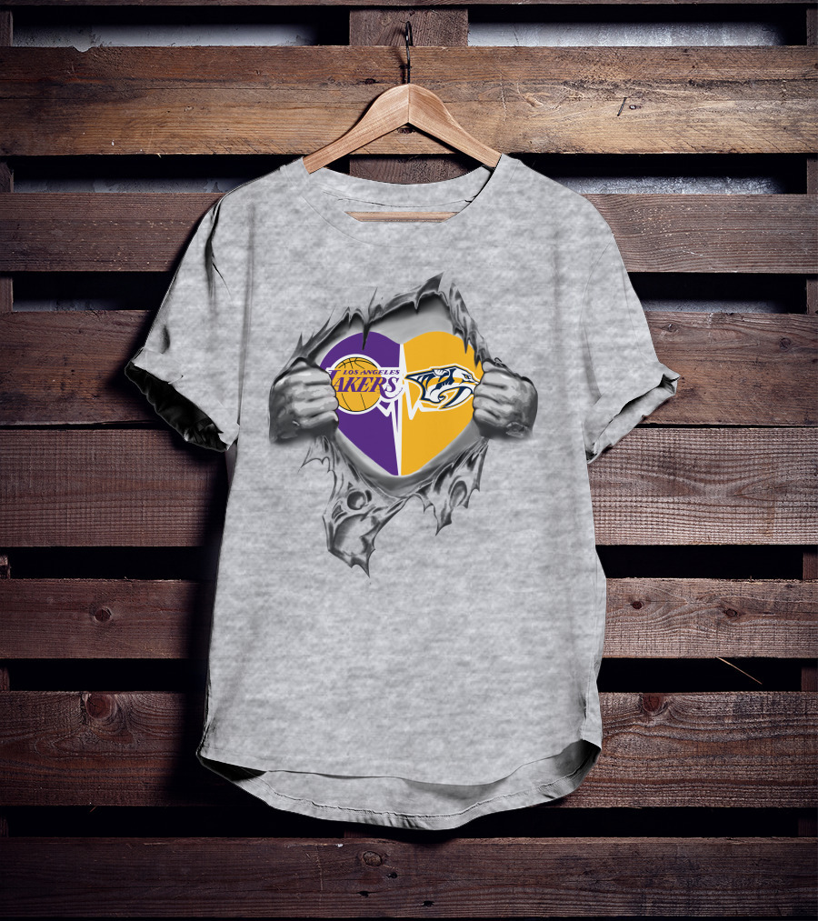 Los Angeles Lakers Nashville Predators Heart Torn Gray T-Shirt