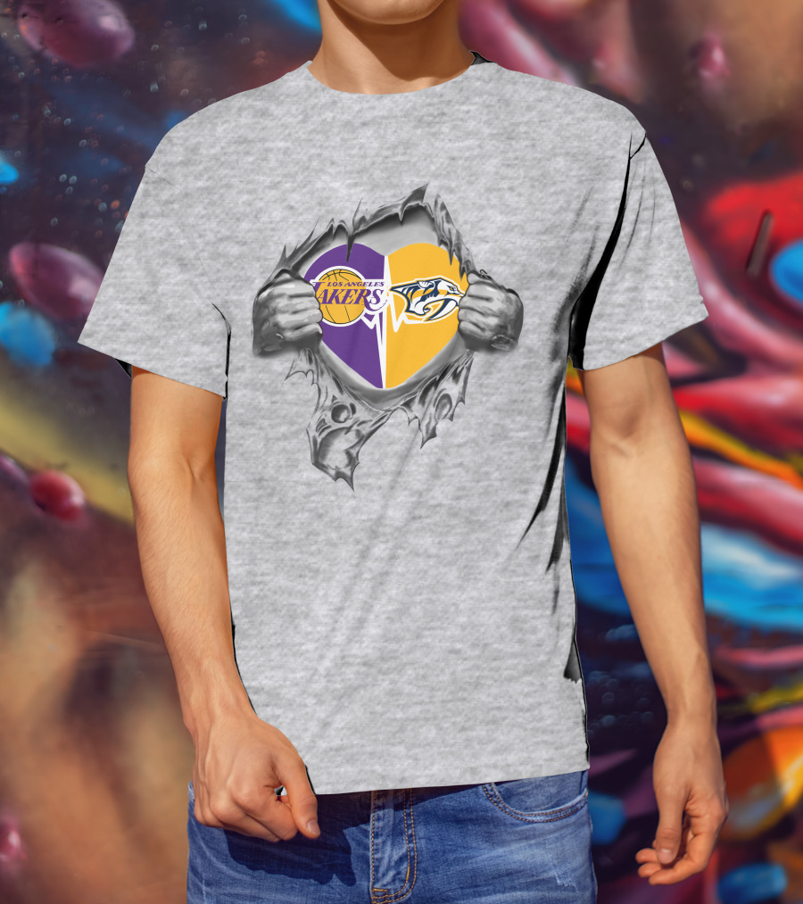 Los Angeles Lakers Nashville Predators Heart Torn Gray T-Shirt