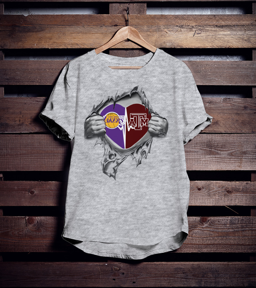 Los Angeles Lakers And Texas A&M Aggies Heart Inside Ripped Silver Hands T-Shirt