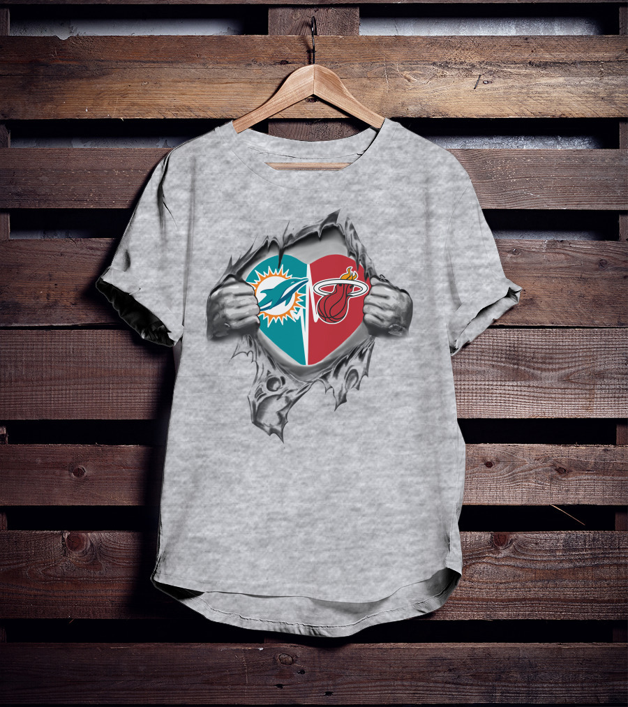 Miami Dolphins And Heat Heart Torn Open T-Shirt