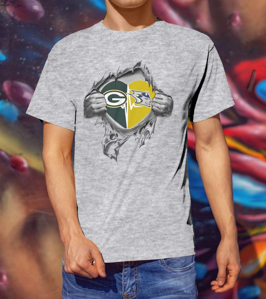 Packers Stout Blue Devils Heart With Green Bay And Duke Logos T-Shirt