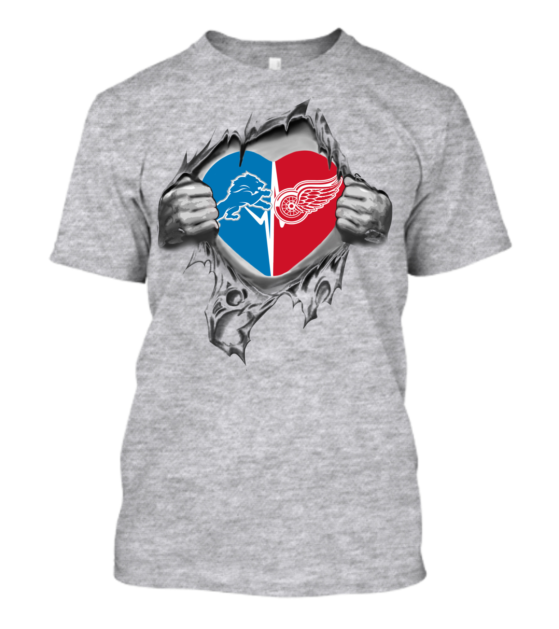 Detroit Lions Red Wings Heart Logo Ripped T-Shirt