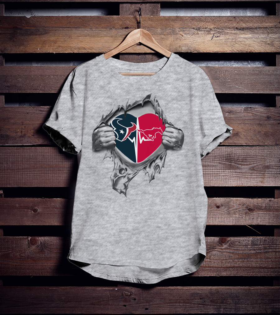 Texans And Smu Mustangs Heart Split T-Shirt