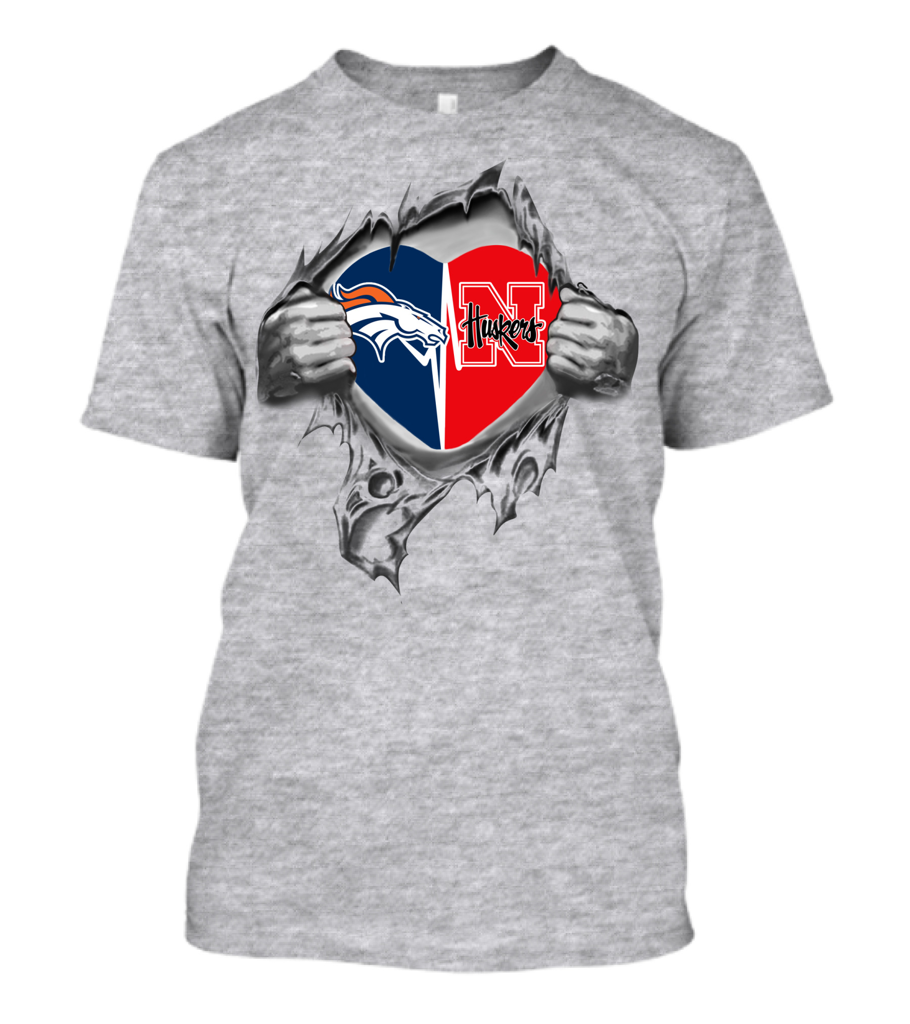 Denver Broncos Nebraska Cornhuskers Heart Symbol With Logo And Hands Peeling T-Shirt